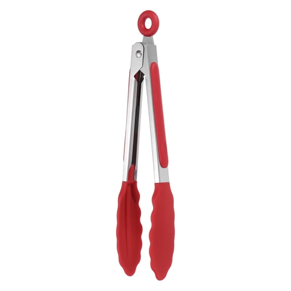 Uxcell Kitchen Tongs with Silicone Tips, 8 Inch Stainless Steel Cooking Tongs Heat Resistant Non-Stick Kitchen Locking Clamp for Grab Food Grilling Steak, Red