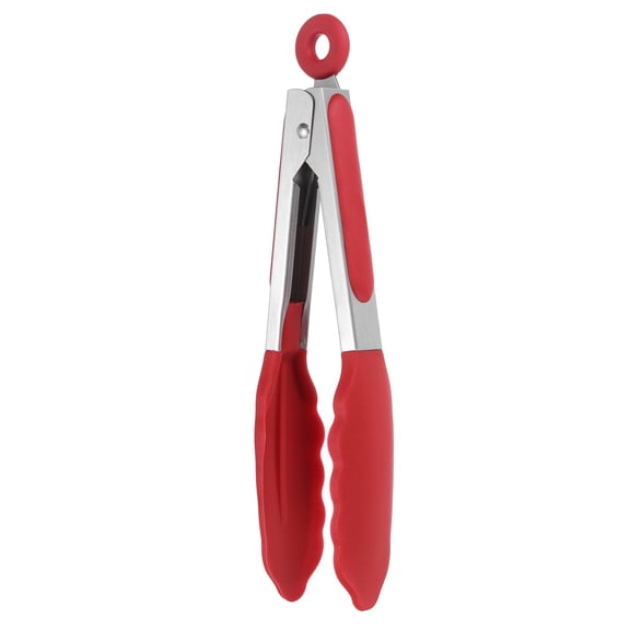 Uxcell Kitchen Tongs with Silicone Tips, 9 Inch Stainless Steel Cooking Tongs Heat Resistant Non-Stick Kitchen Locking Clamp for Grab Food Grilling Steak, Red