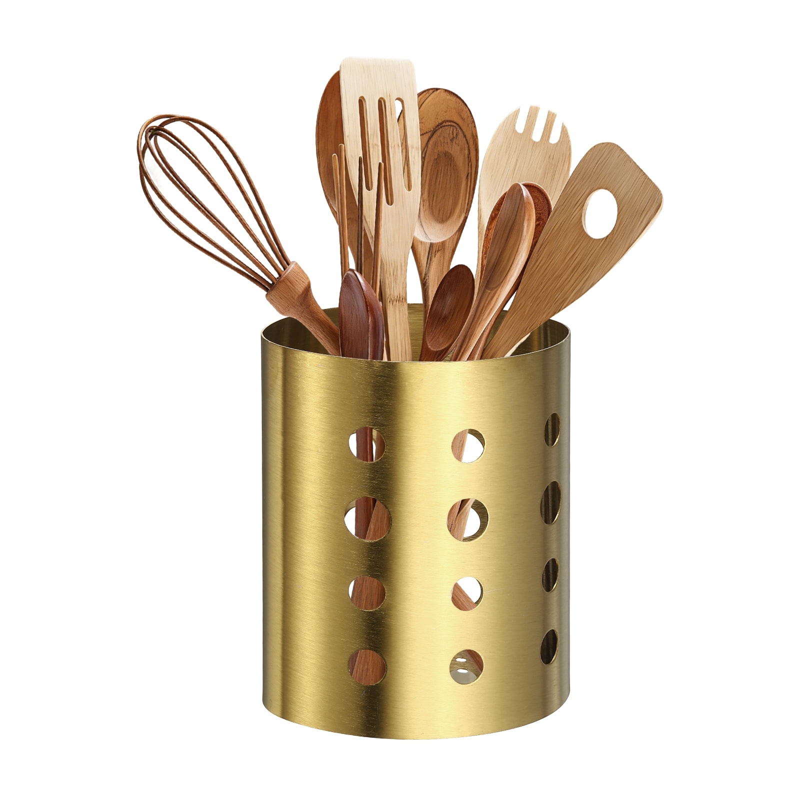 Uxcell Kitchen Utensil Holder, 3.9x5.5" Stainless Steel Utensil Cutlery Holder Round Flatware Organizer with Drain Hole for Kitchen Restaurant Countertop Straw, Spoon, Chopstick, Silver