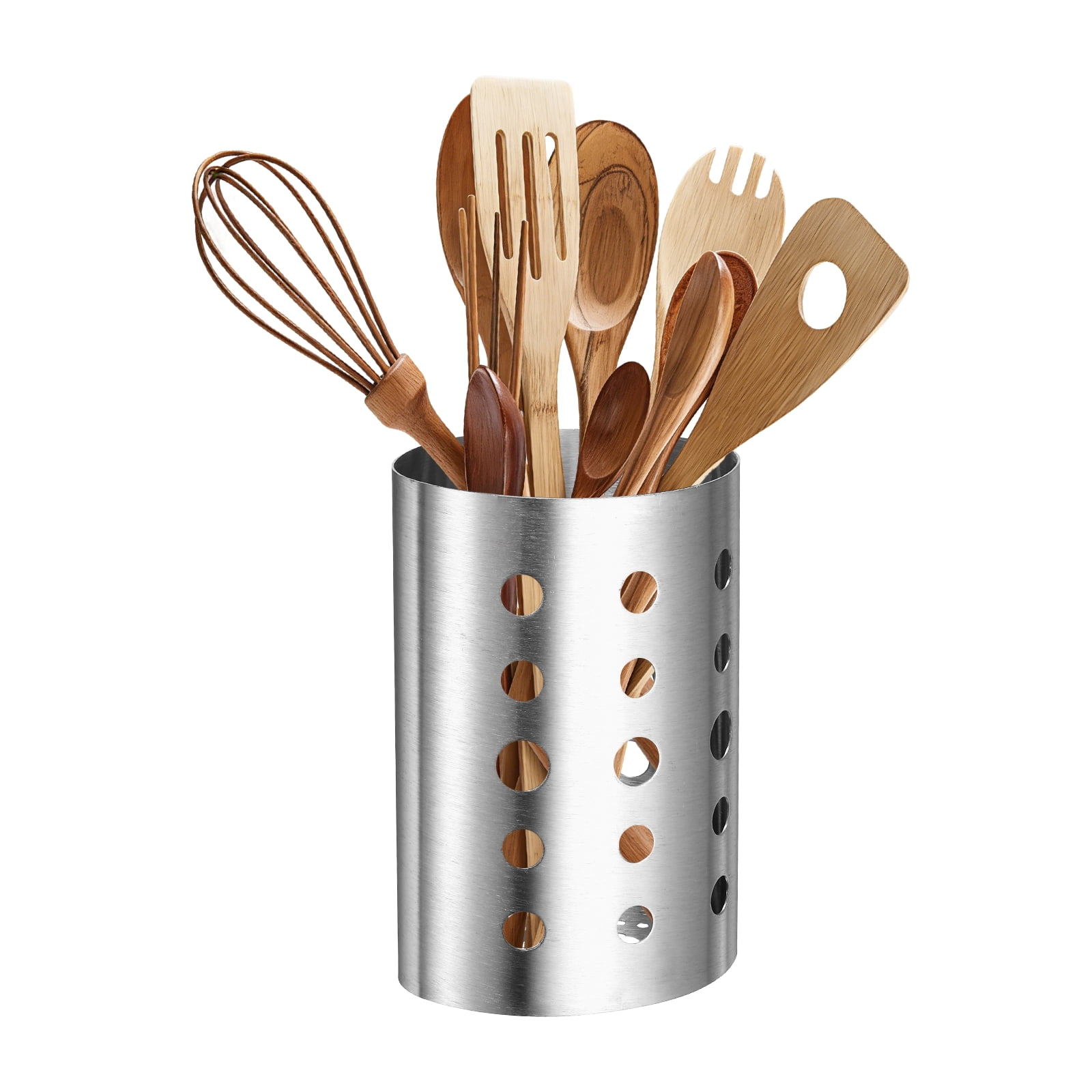 Uxcell Kitchen Utensil Holder, 3.9x5.5" Stainless Steel Utensil Cutlery Holder Round Flatware Organizer with Drain Hole for Kitchen Restaurant Countertop Straw, Spoon, Chopstick, Silver