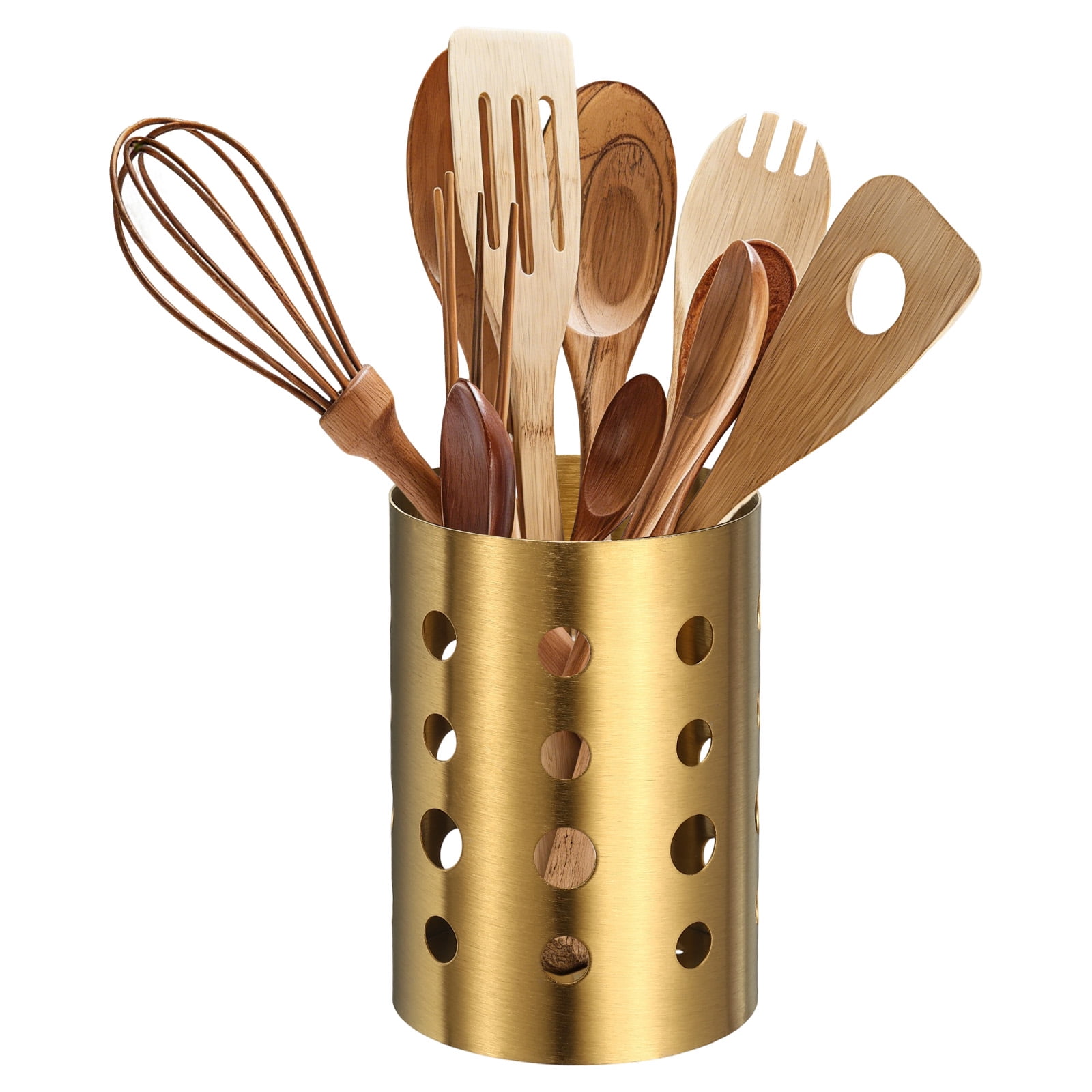 Uxcell Kitchen Utensil Holder, 3.9x5.5" Stainless Steel Utensil Cutlery Holder Round Flatware Organizer with Drain Hole for Kitchen Restaurant Countertop Straw, Spoon, Chopstick, Silver