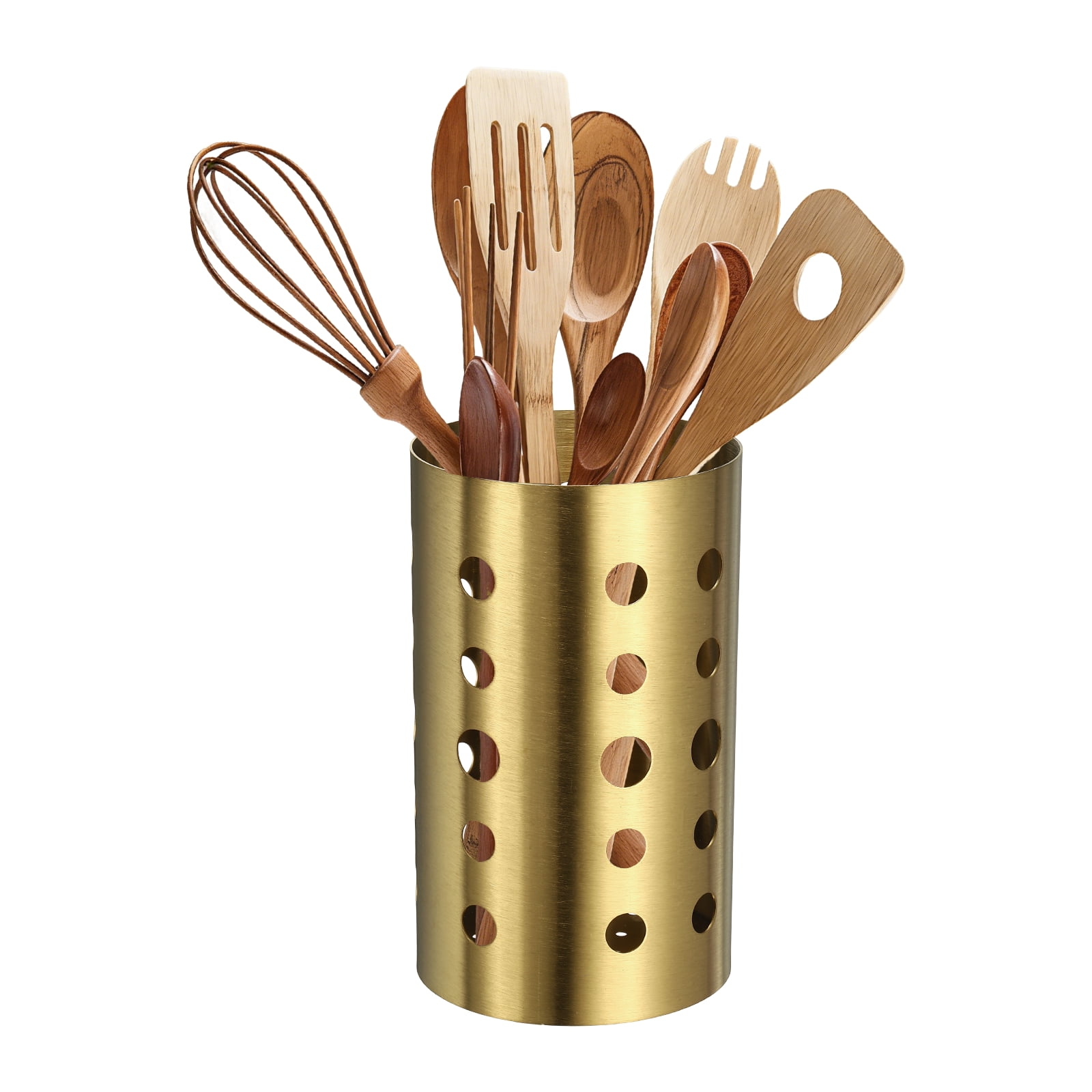 Uxcell Kitchen Utensil Holder, 3.9x5.5" Stainless Steel Utensil Cutlery Holder Round Flatware Organizer with Drain Hole for Kitchen Restaurant Countertop Straw, Spoon, Chopstick, Silver