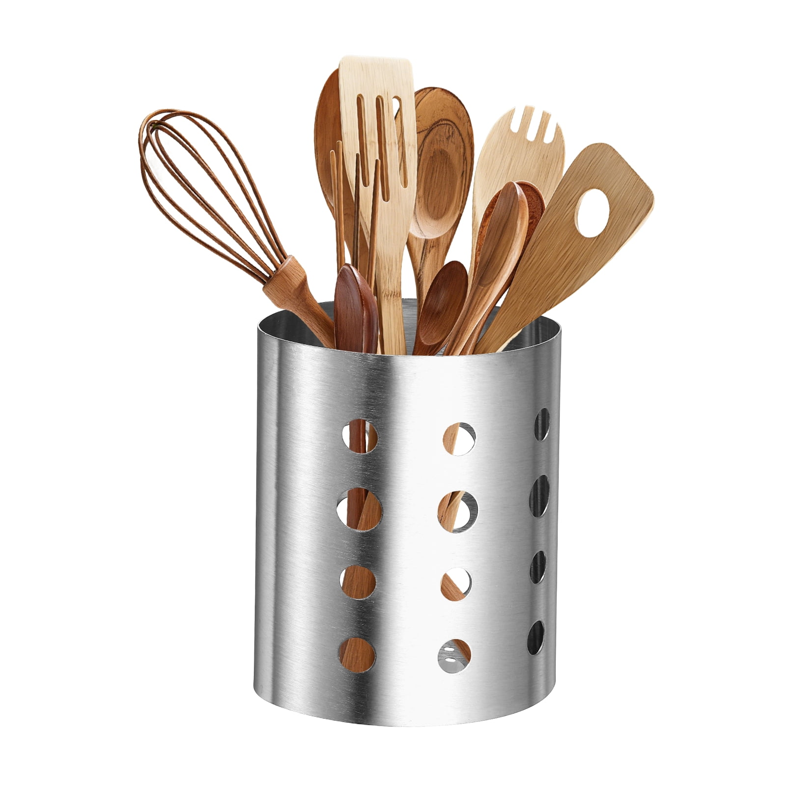 Uxcell Kitchen Utensil Holder, 3.9x5.5" Stainless Steel Utensil Cutlery Holder Round Flatware Organizer with Drain Hole for Kitchen Restaurant Countertop Straw, Spoon, Chopstick, Silver
