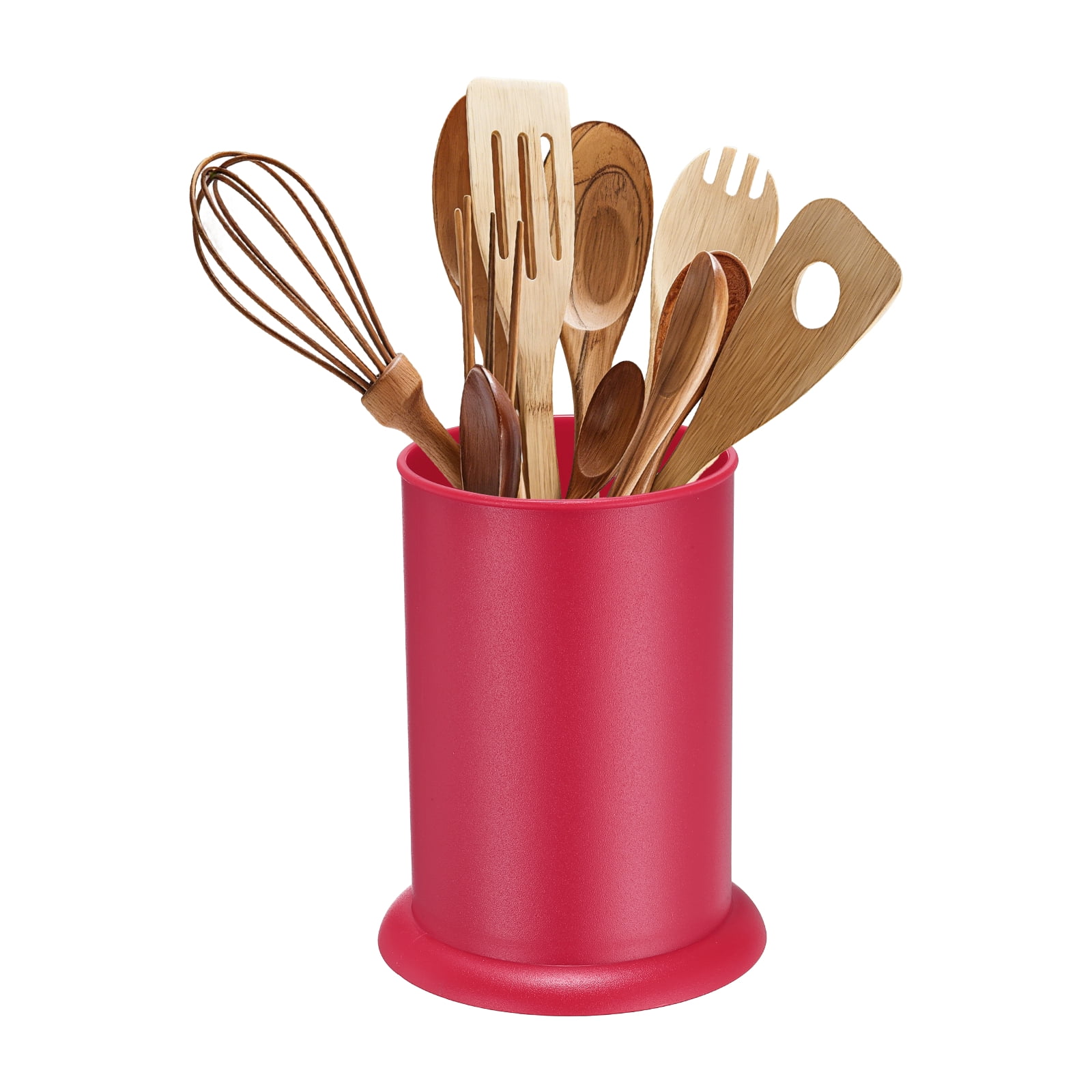 Uxcell Kitchen Utensil Holder, 5x6.5" Plastic Utensil Cutlery Holder Round Flatware Organizer with Drain Hole for Kitchen Restaurant Countertop Straw, Spoon, Chopstick, Pink
