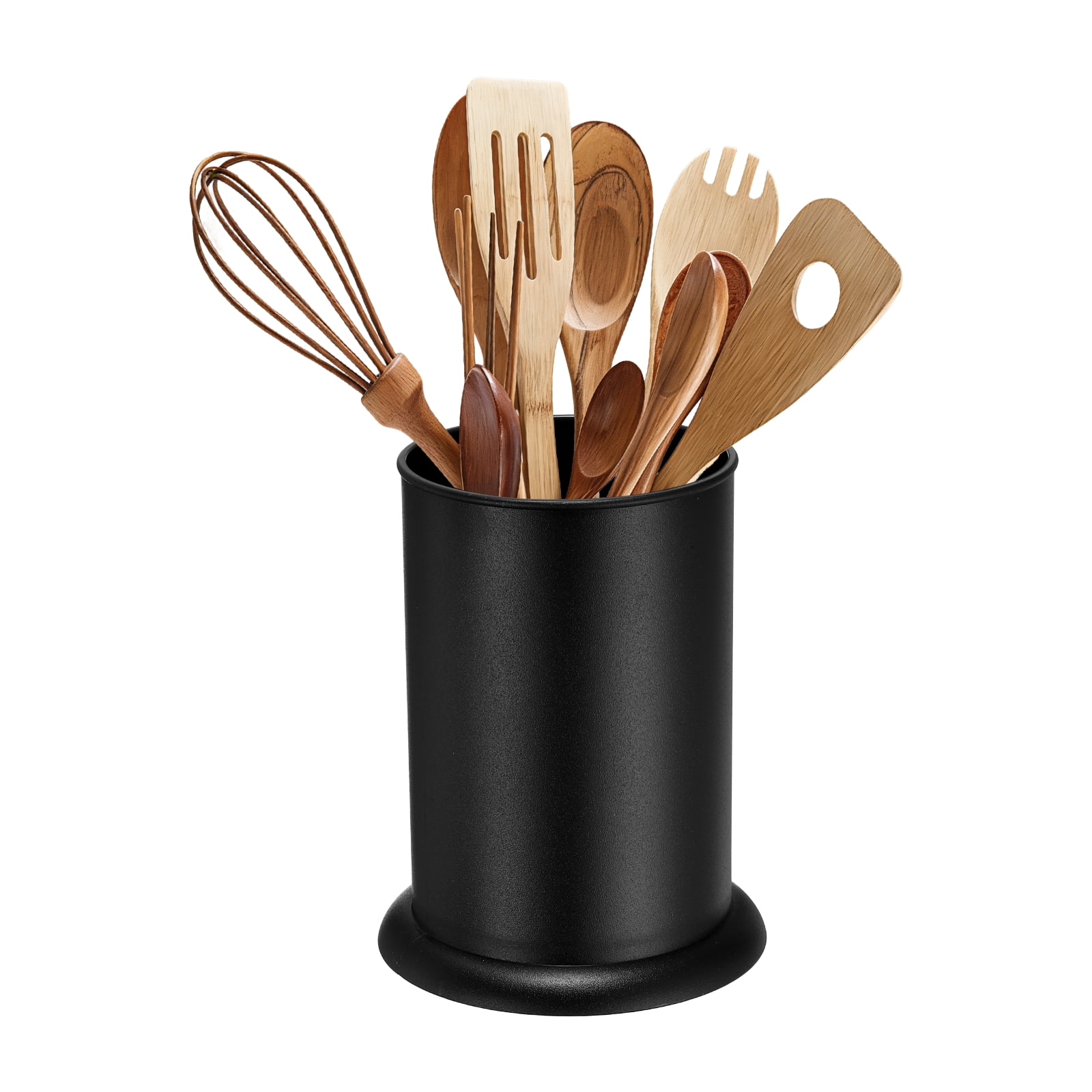 Uxcell Kitchen Utensil Holder, 5x6.5" Plastic Utensil Cutlery Holder Round Flatware Organizer with Drain Hole for Kitchen Restaurant Countertop Straw, Spoon, Chopstick, Black