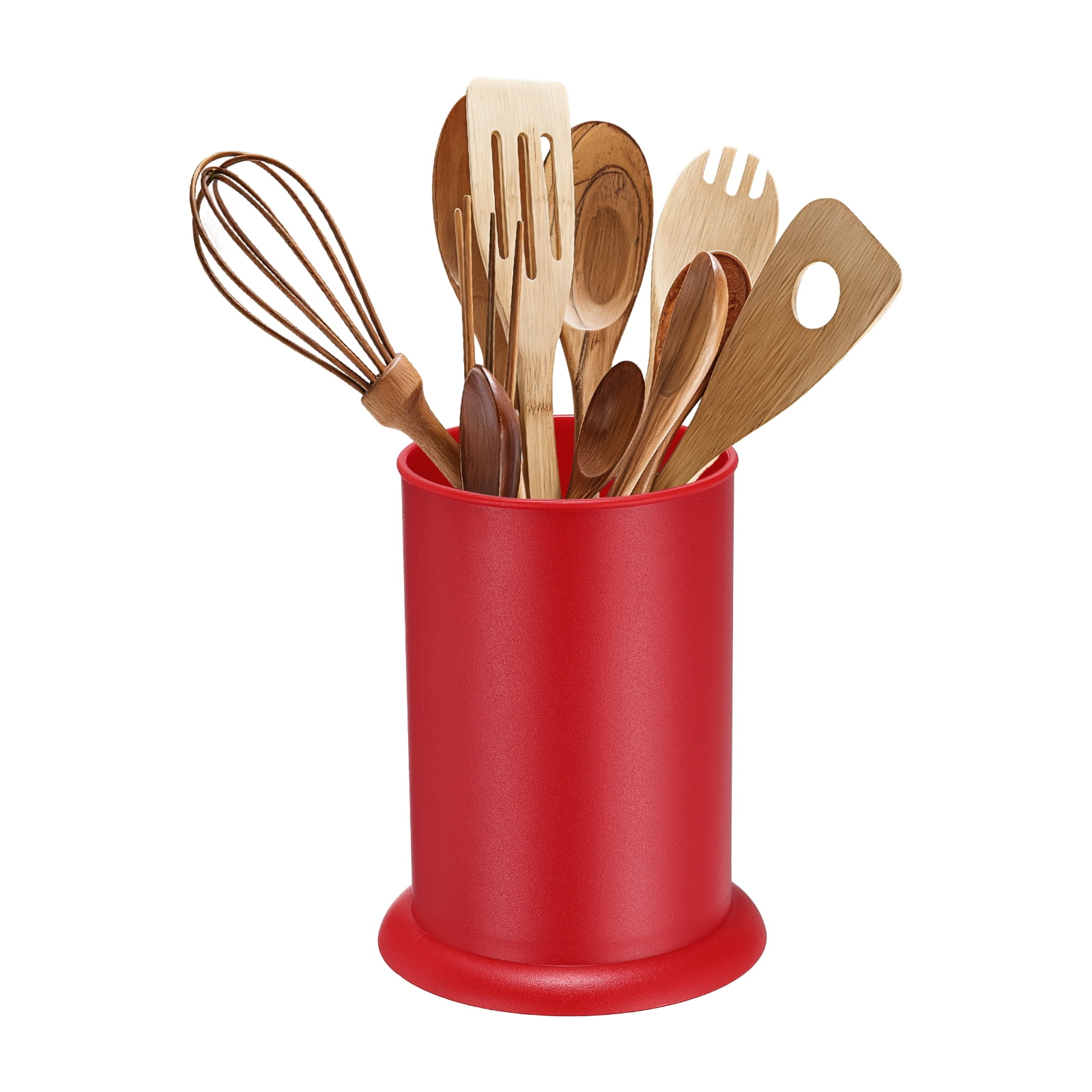 Uxcell Kitchen Utensil Holder, 5x6.5" Plastic Utensil Cutlery Holder Round Flatware Organizer with Drain Hole for Kitchen Restaurant Countertop Straw, Spoon, Chopstick, Red