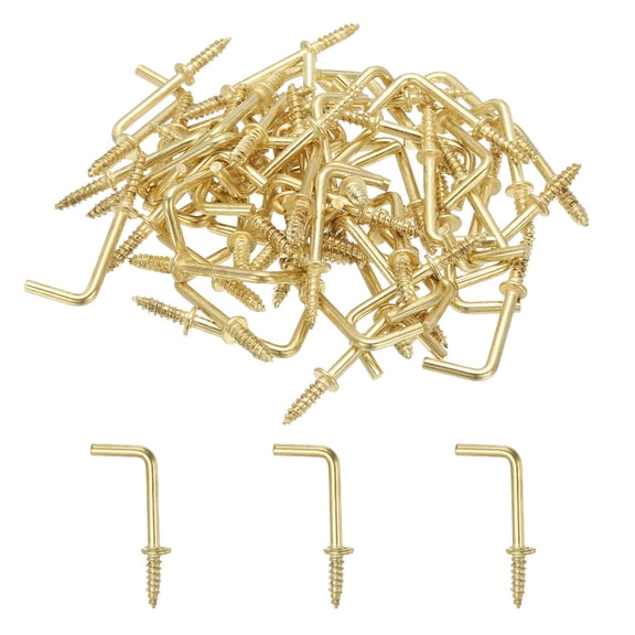 Uxcell L-Shape Screw Hooks Brass Plated Steel Shape Right Angle Medal Hooks, Fit for Hanging Home Office Gold 3/4 Inch