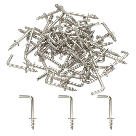 Uxcell L-Shape Screw Hooks Brass Plated Steel Shape Right Angle Medal Hooks, Fit for Hanging Home Office Silver 5/8 Inch