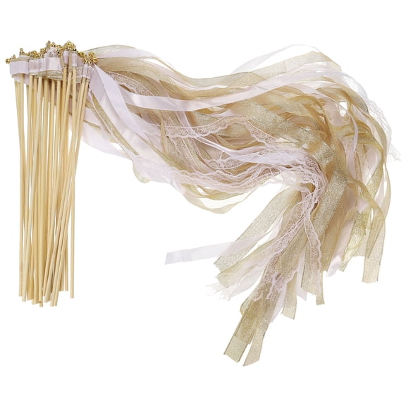Uxcell Lace Silk Ribbon Fairy Sticks Wands for Wedding Party, Gold Tone 25 Pack