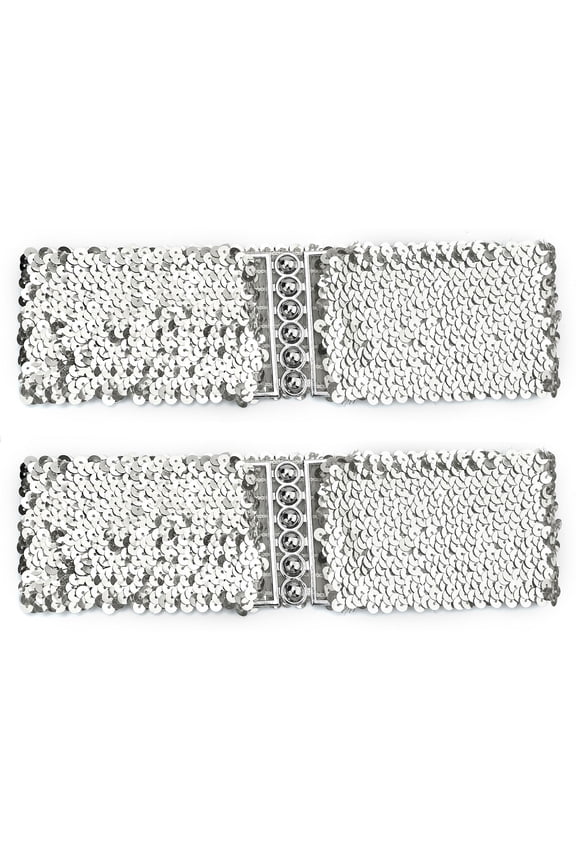 INSPIRE CHIC Women's Belt Ladies Sequins Decor Metal Interlocking Buckles Elastic Waist Belt Silver & Silver