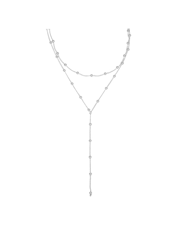 Lariat Necklace for Women, Dainty Y-Shaped Pendant Long Necklaces Trendy Simple Layered Beaded Chain Drop for Wedding Jewelry Gifts, Silver