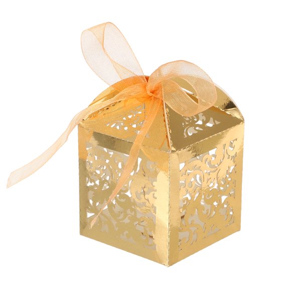 Uxcell Laser Cut Favor Boxes,(Bright Gold) (50Pcs), Reusable Cute Candy Cookie Gift Boxes with Ribbons for Wedding/Birthday Party/Anniversary/Baby Shower