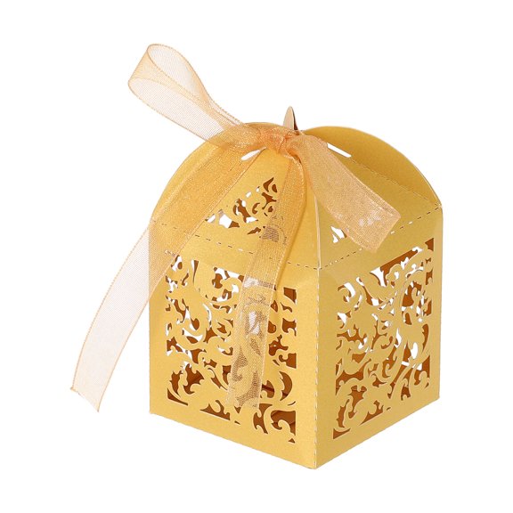 Uxcell Laser Cut Favor Boxes,(Gold) (50Pcs), Reusable Cute Candy Cookie Gift Boxes with Ribbons for Wedding/Birthday Party/Anniversary/Baby Shower