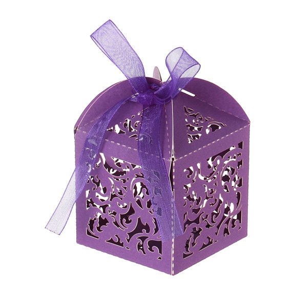 Uxcell Laser Cut Favor Boxes,(Purple) (50Pcs), Reusable Cute Candy Cookie Gift Boxes with Ribbons for Wedding/Birthday Party/Anniversary/Baby Shower