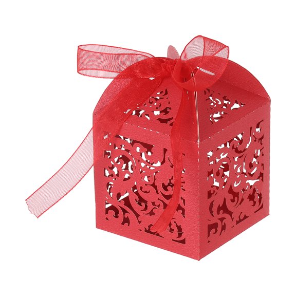 Uxcell Laser Cut Favor Boxes,(Red) (50Pcs), Reusable Cute Candy Cookie Gift Boxes with Ribbons for Wedding/Birthday Party/Anniversary/Baby Shower