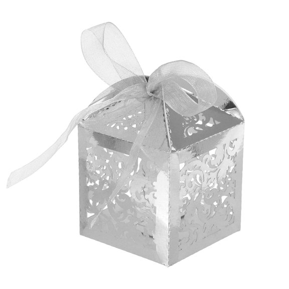 Uxcell Laser Cut Favor Boxes,(Silver) (50Pcs), Reusable Cute Candy Cookie Gift Boxes with Ribbons for Wedding/Birthday Party/Anniversary/Baby Shower