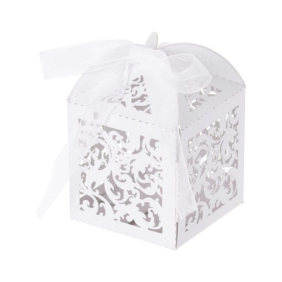 Uxcell Laser Cut Favor Boxes,(White) (50Pcs), Reusable Cute Candy Cookie Gift Boxes with Ribbons for Wedding/Birthday Party/Anniversary/Baby Shower