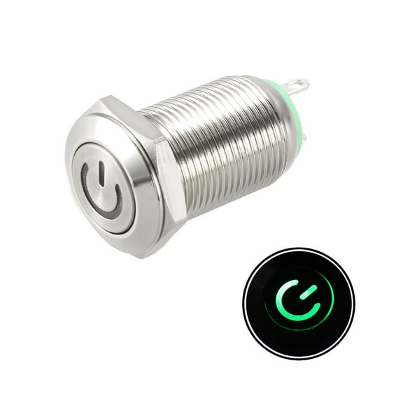 Uxcell Latching Metal Push Button Switch Flat Head 12mm Mounting Dia 1NO 3-6V Green LED Light