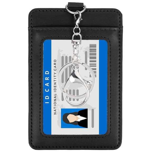 Uxcell Leather Badge Holder with Clear ID Window, Vertical Credit Card Holder & Swivel Metal Clasp Keyring, Black