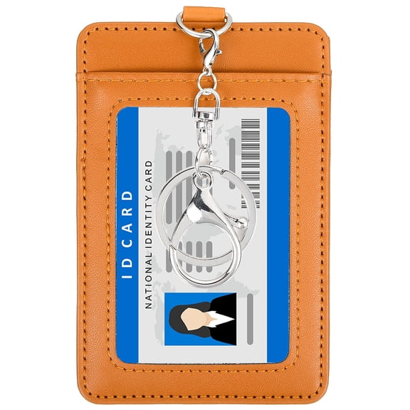 Uxcell Leather Badge Holder with Clear ID Window, Vertical Credit Card Holder & Swivel Metal Clasp Keyring, Orange