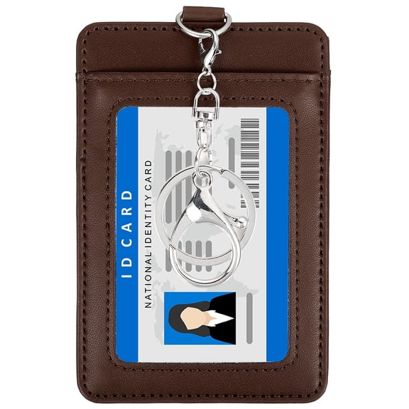 4.7 x 3.2 x 0.2" Leather Badge Holder with Clear ID Window, Front Pocket Vertical Credit Card Holder & Swivel Metal Clasp Keyring for Employees, Staff, College, Coffee