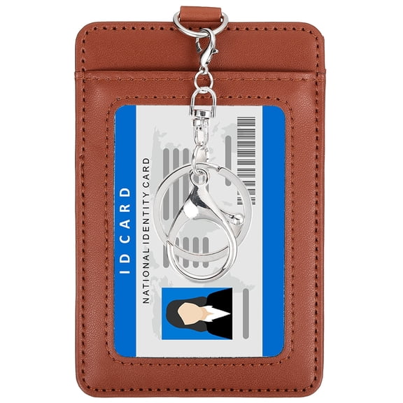 4.7 x 3.2 x 0.2" Leather Badge Holder with Clear ID Window, Front Pocket Vertical Credit Card Holder & Swivel Metal Clasp Keyring for Employees, Staff, College, Reddish Brown