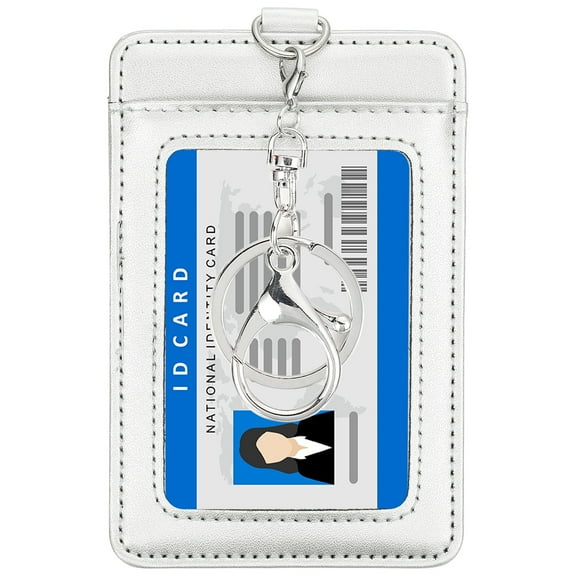 Uxcell Leather Badge Holder with Clear ID Window, Vertical Credit Card Holder & Swivel Metal Clasp Keyring, Silver