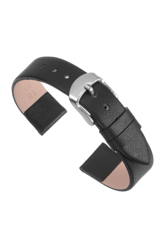 Genuine Leather Band Smooth Flat Leather Watch Strap for Men and Women Black/Silver Tone 14mm