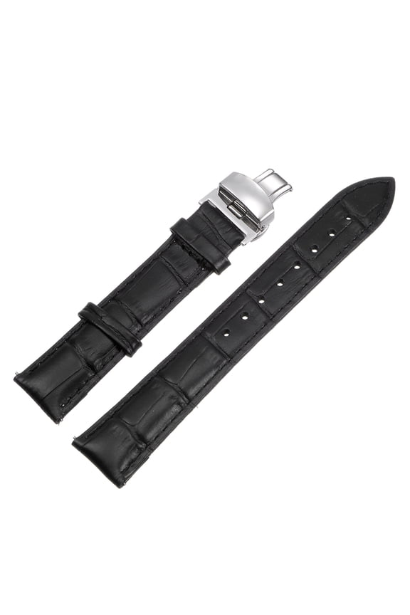 Cowhide Leather Band Deployment Buckle Watch Strap 17mm Leather Strap, Black, Silver