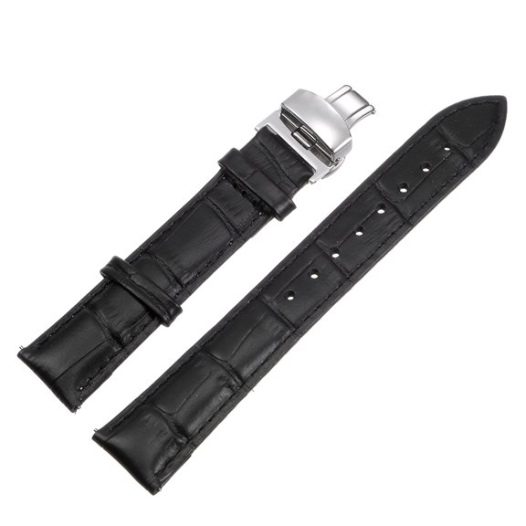 Uxcell Cowhide Leather Band Deployment Buckle Watch Strap 20mm Leather Strap, Black, Silver