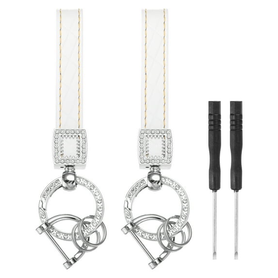 Leather Car Keychain, Microfiber Leather Bling Wristlet Keychains Key Fob Holder White 2 Pcs