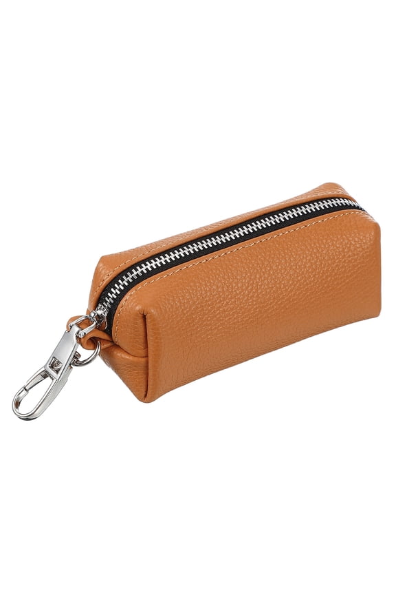 Leather Coin Purse,1.8x 5.3 Inch Leather Car Key Holder Bag Hand-held Change Purse Keychain Pouch Small Coin Pouch with Zipper Key Ring for Women and Men, Coffee