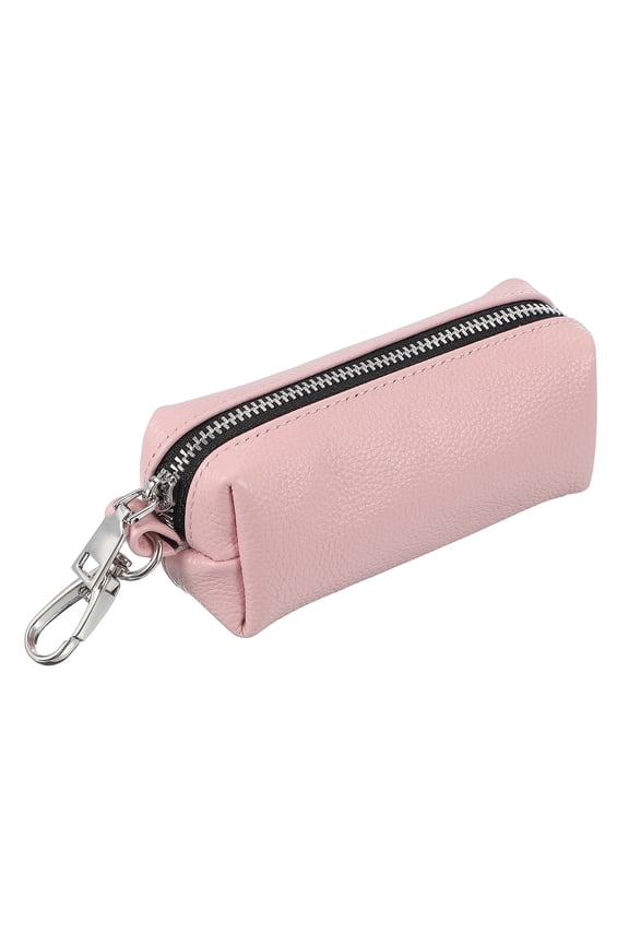 Leather Coin Purse,1.8x 5.3 Inch Leather Car Key Holder Bag Hand-held Change Purse Keychain Pouch Small Coin Pouch with Zipper Key Ring for Women and Men, Pink