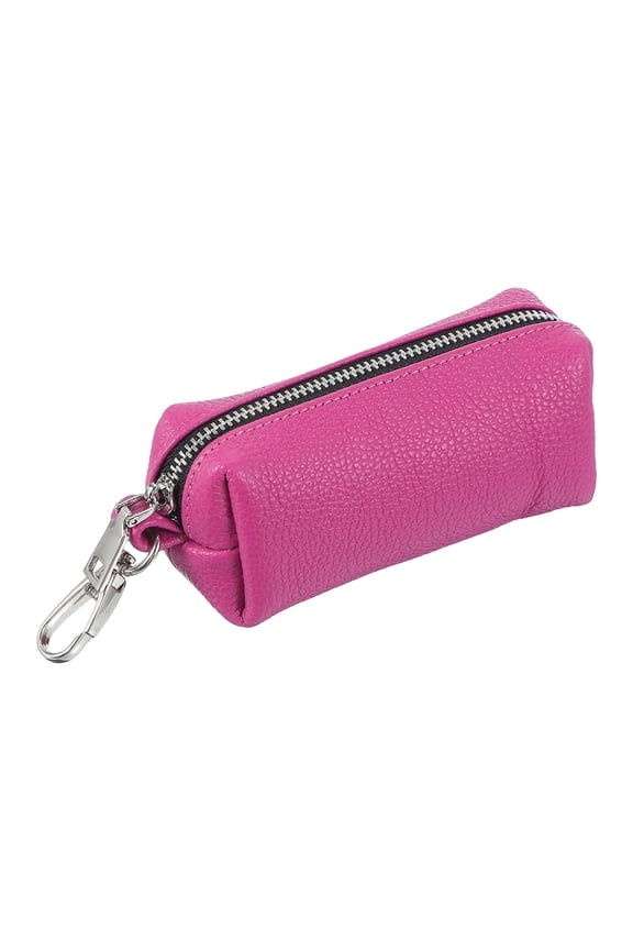 Leather Coin Purse,1.8x 5.3 Inch Leather Car Key Holder Bag Hand-held Change Purse Keychain Pouch Small Coin Pouch with Zipper Key Ring for Women and Men, Rose Red