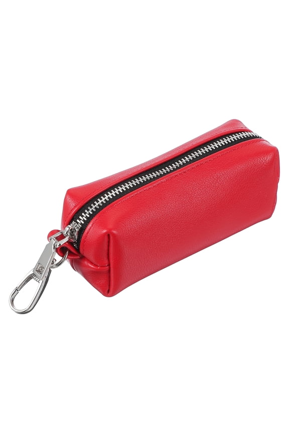 Leather Coin Purse,1.8x 5.3 Inch Leather Car Key Holder Bag Hand-held Change Purse Keychain Pouch Small Coin Pouch with Zipper Key Ring for Women and Men, Red