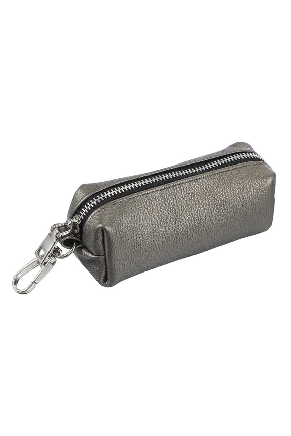 Leather Coin Purse,1.8x 5.3 Inch Leather Car Key Holder Bag Hand-held Change Purse Keychain Pouch Small Coin Pouch with Zipper Key Ring for Women and Men, Silver