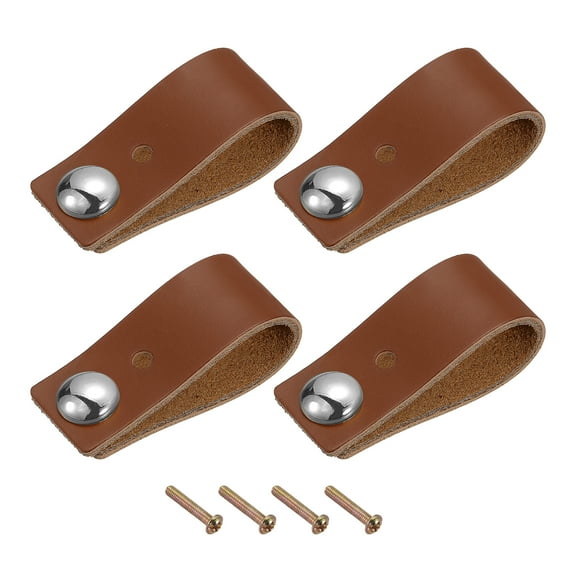 Uxcell Leather Drawer Pulls, 2.56" 4Pack Leather Furniture Handles Drawer Knob Pull Brown