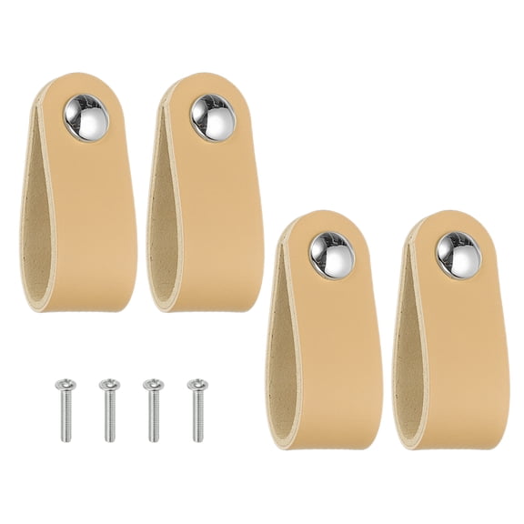 Uxcell Leather Drawer Pulls, Leather Handle Single Hole Cabinet Dresser Knobs with Screws, Beige 4 Pcs