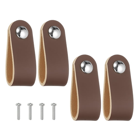 Uxcell Leather Drawer Pulls, Leather Handle Single Hole Cabinet Dresser Knobs with Screws, Brown 4 Pcs