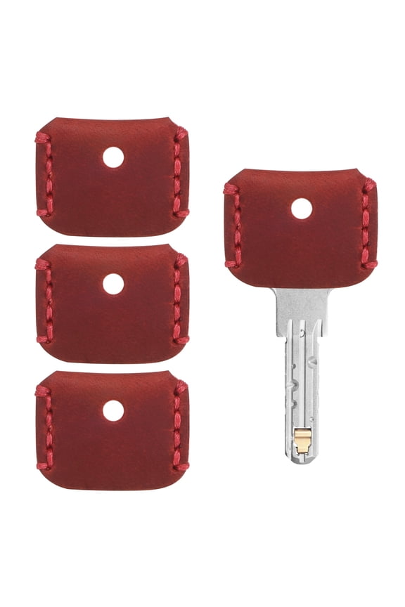 Leather Key Covers Caps [4Pcs] - Key Toppers Identifiers Head Sleeves - [Wine Red] Keys Tags Protectors