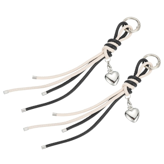 Uxcell Leather Keychain with Heart Charm and Braided Design, Black White, Pack of 2