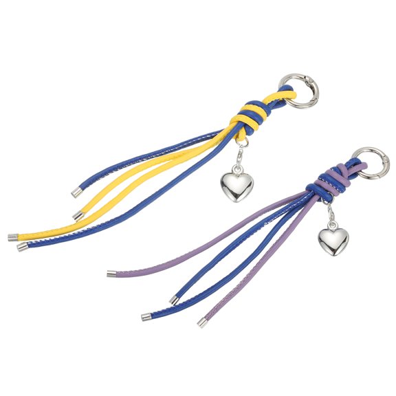 Uxcell Leather Keychain with Heart Charm and Braided Design, Purple Blue/Blue Yellow, Pack of 2