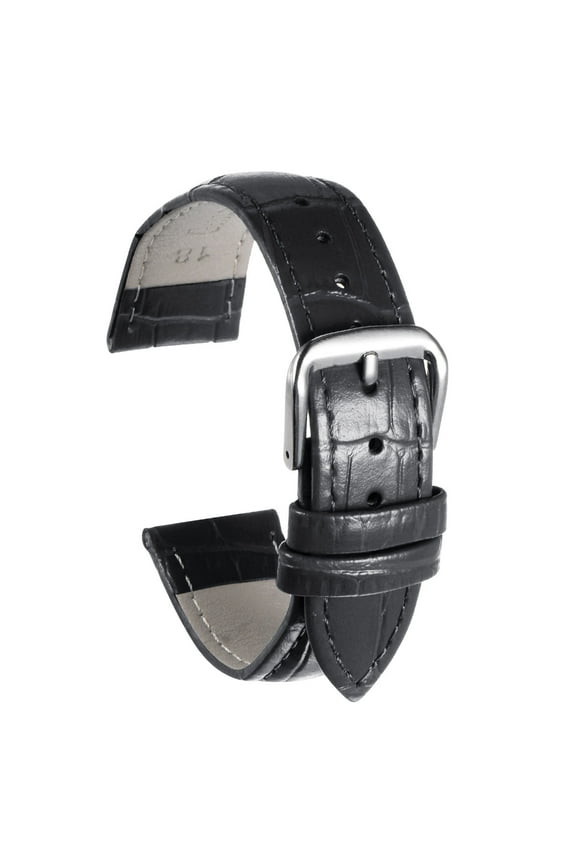 Leather Watch Band 14mm Embossed Pattern Watch Strap Replacement with Spring Bars Black, Silver