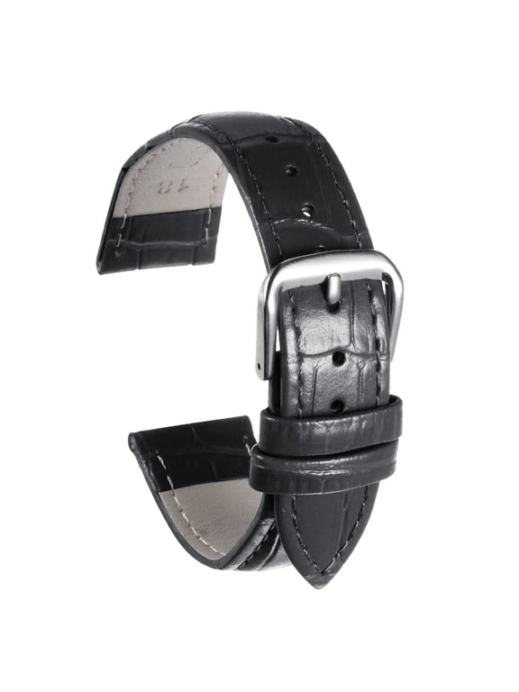 Leather Watch Band 18mm Embossed Pattern Watch Strap Replacement with Spring Bars Black, Silver