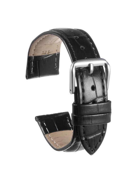 Leather Watch Band 19mm Embossed Pattern Cowhide Watch Strap Replacement with Spring Bars Black, Silver