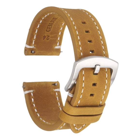 Leather Watch Bands, 24mm Width Quick Release Watch Strap Cowhide Replacement Wrist Band Silver Buckle for Men Women, Brown