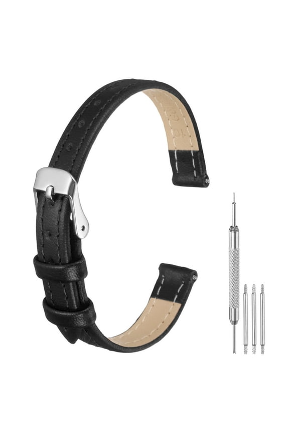 Leather Watch Bands for Men and Women, 10mm Quick Release Watch Strap Replacement, Flat Thin Elegant Leather Watch Strap with Strap Tools, Black