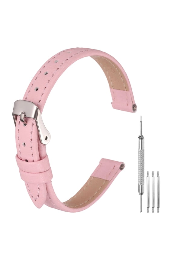 Leather Watch Bands for Men and Women, 10mm Quick Release Watch Strap Replacement, Flat Thin Elegant Leather Watch Strap with Strap Tools, Pink