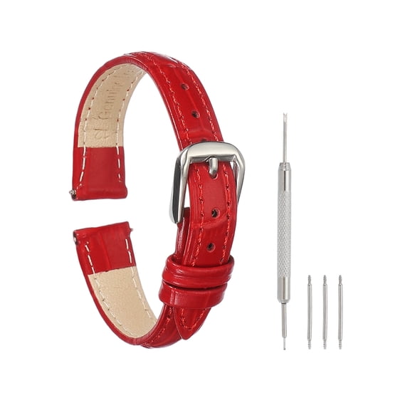 Uxcell Leather Watch Bands for Men and Women, 12mm Crocodile Pattern Quick Release Watch Strap Replacement, Flat Thin Elegant Leather Strap with Tools, Red
