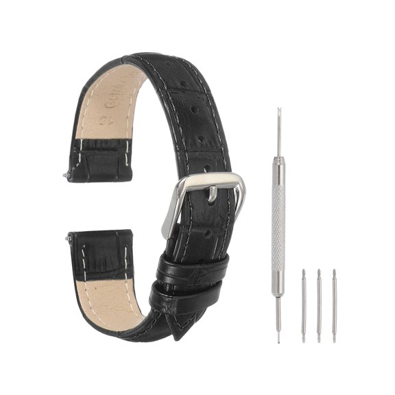Uxcell Leather Watch Bands for Men and Women, 16mm Crocodile Pattern Quick Release Watch Strap Replacement, Flat Thin Elegant Leather Strap with Tools, Black